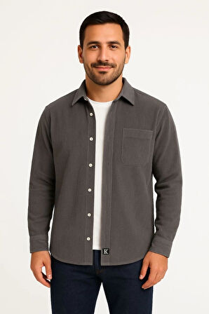 MDB Erkek Fitilli Kadife Cepli Gömlek Oversize Rahat Kalıp  Füme