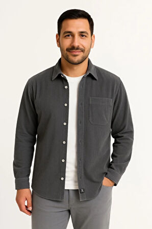 MDB Erkek Fitilli Kadife Cepli Gömlek Oversize Rahat Kalıp  Füme