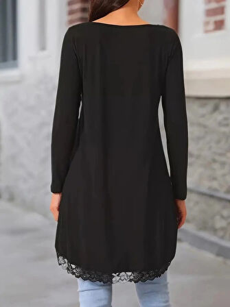 MDB Kadın Uzun Kollu Bisiklet Yaka Asimetrik Kesim Detaylı Dantelli Viskon Bluz