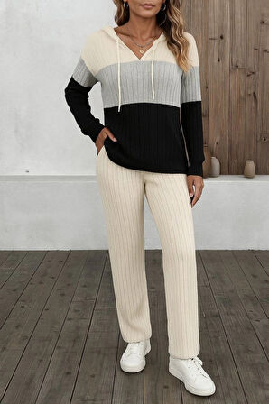 MDB Kadın Uzun Kollu Kapşonlu Bağcıklı Blok Renkli şardonlu Kaşkorse Bluz Ve Pantolon Ikili Takım