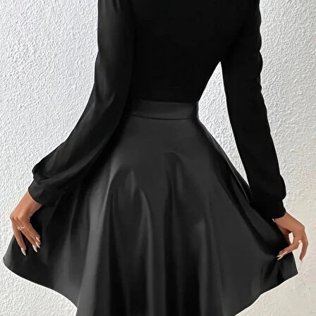 MDB Kadın Uzun Kollu Kare Yaka üst Viskon Alt Deri Mini Elbise