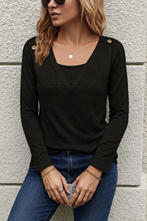 MDB Kadın Uzun Kollu V Yaka Düğme Detaylı Yumoş Bluz