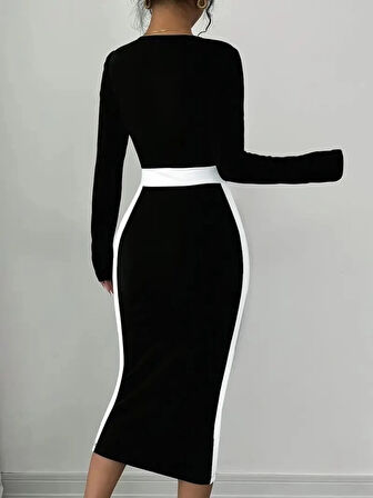 MDB Kadın Uzun Kollu Geometrik Yaka Midi Ithal Krep Elbise