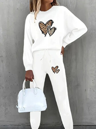 MDB Kadın Uzun Kollu Bisiklet Yaka Kalp Desenli şardonlu üç Iplik Bluz Ve Pantolon Ikili Takım