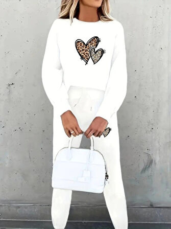 MDB Kadın Uzun Kollu Bisiklet Yaka Kalp Desenli şardonlu üç Iplik Bluz Ve Pantolon Ikili Takım