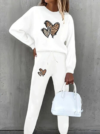 MDB Kadın Uzun Kollu Bisiklet Yaka Kalp Desenli şardonlu üç Iplik Bluz Ve Pantolon Ikili Takım