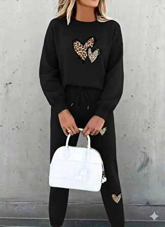 MDB Kadın Uzun Kollu Bisiklet Yaka Kalp Desenli şardonlu üç Iplik Bluz Ve Pantolon Ikili Takım