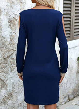 MDB Kadın Uzun Kollu Omuzdan Açık V Dantel Yakalı Mini Waffle Elbise