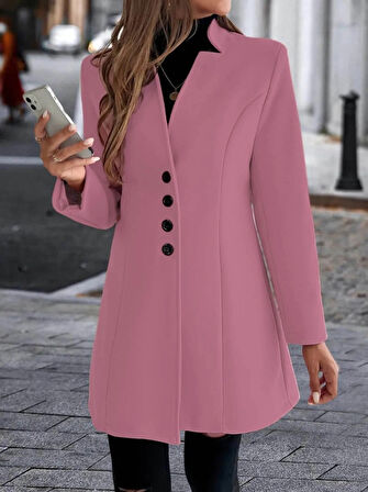 MDB Kadın Uzun Kollu Kırlangıç Yaka önden Düğmeli Kısa Kaşe Kaban