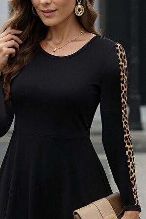 MDB Kadın Uzun Kollu Bisiklet Yaka Kollar Leopar Detay Iki Iplik Mini Boy Elbise