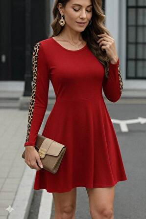 MDB Kadın Uzun Kollu Bisiklet Yaka Kollar Leopar Detay Iki Iplik Mini Boy Elbise