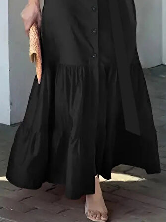 MDB Kadın Uzun Kollu Eteği Fırfırlı Beli Kuşaklı Trikoton Tam Boy Gömlek Elbise