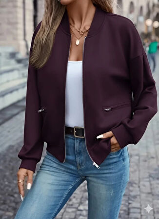 MDB Kadın Uzun Kollu önden Fermuarlı Cepli Modal Mürdüm Ceket