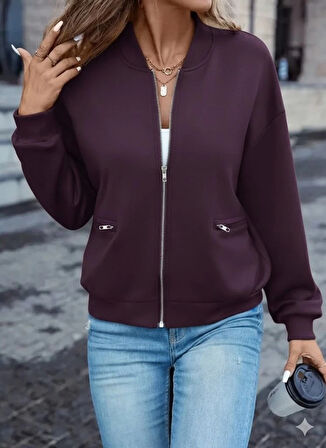 MDB Kadın Uzun Kollu önden Fermuarlı Cepli Modal Mürdüm Ceket