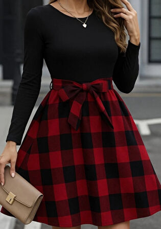 MDB Kadın Uzun Kollu Bisiklet Yaka üst Viskon Alt Ekose Kısa Elbise