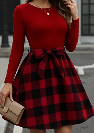 MDB Kadın Uzun Kollu Bisiklet Yaka üst Viskon Alt Ekose Kısa Elbise