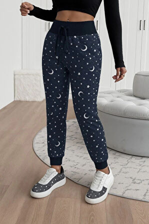 MDB Kadın Yüksek Bel Bağcıklı Desenli Iki Iplik Pantolon