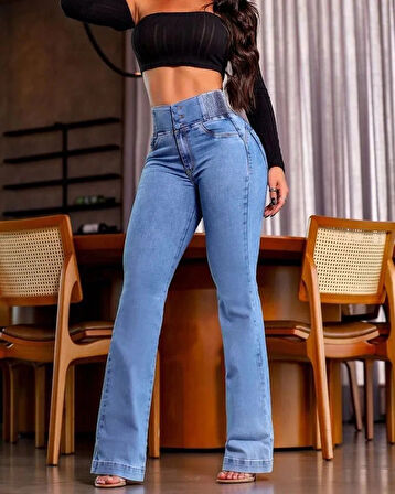 MDB Kadın Yüksek Bel Yanları Lastik önü Düğmeli Kot Pantolon