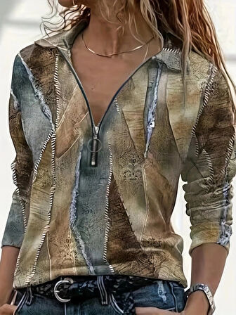 MDB Kadın Uzun Kollu önden Fermuarlı Iki Iplik Bluz