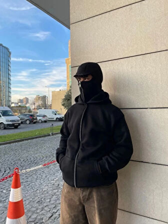 MDB amuray Ninja Çift Kapşonlu ZIP Fermuarlı Kanguru Çepli Tam Fermuarlı Hoodie wetshirt  iyah