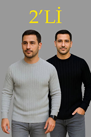 MDB Erkek Fitilli Triko Kazak 2’li et – iyah  Gri, Kalın Dokuma Pamuklu Regular Fit Bisiklet Yaka Uzun Kollu Rahat Kışlık Kazak Kombini