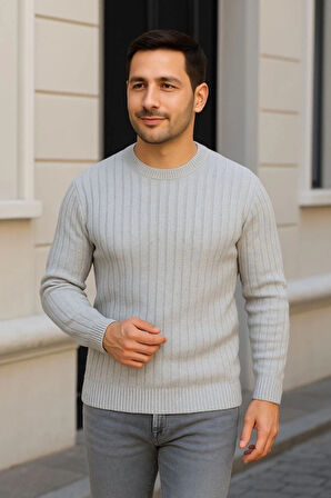 MDB Erkek Fitilli Triko Kazak 2’li et – iyah  Gri, Kalın Dokuma Pamuklu Regular Fit Bisiklet Yaka Uzun Kollu Rahat Kışlık Kazak Kombini