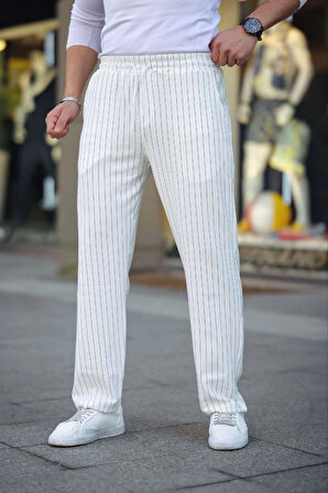 MDB Erkek Cizgili Dokuma Krep Jogger Buggy Pantalon Rahat Kalıp  Beyaz