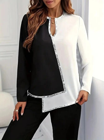 MDB Kadın Uzun Kollu V Yakalı Pul Payet Işlemeli Ithal Krep Bluz