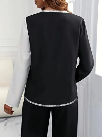 MDB Kadın Uzun Kollu V Yakalı Pul Payet Işlemeli Ithal Krep Bluz