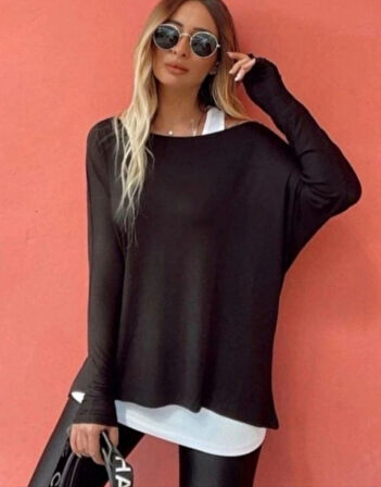 MDB Kadın Uzun Kollu Tek Omuzdan Açık çilek Bluz Ve Viskon Atlet Ikili Takım