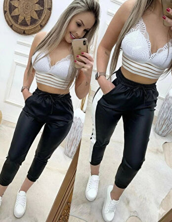 MDB Kadın Yüksek Bel Lastikli Yan şerit Detaylı Deri Pantolon