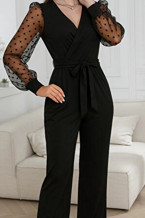 MDB Kadın Uzun Kollu Kolları Tül Detaylı Kruvaze Yakalı Beli Kuşaklı Ithal Krep Tulum