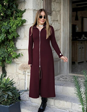 MDB Kadın Uzun Kollu önden Fermuarlı Maxi Viskon Iki Iplik Elbise