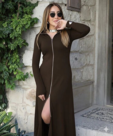 MDB Kadın Uzun Kollu önden Fermuarlı Maxi Viskon Iki Iplik Elbise