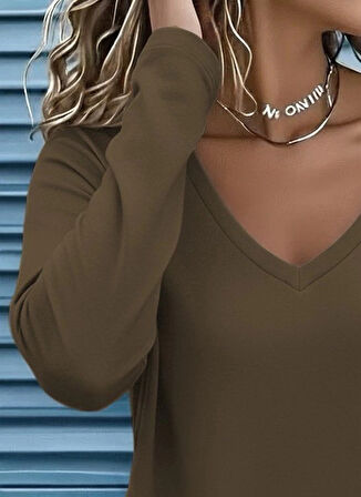 MDB Kadın Uzun Kollu V Yakalı Viskon Iki Iplik Bluz