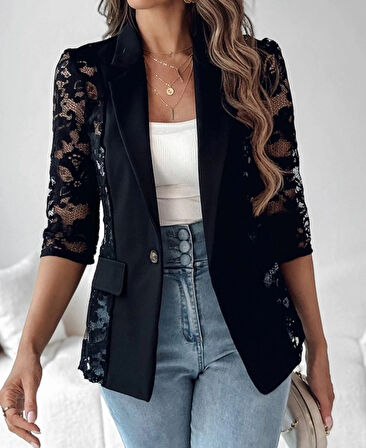 MDB Kadın Uzun Kollu Truvakar Kol önden Düğmeli Cepli Dantelli Atlas Ceket