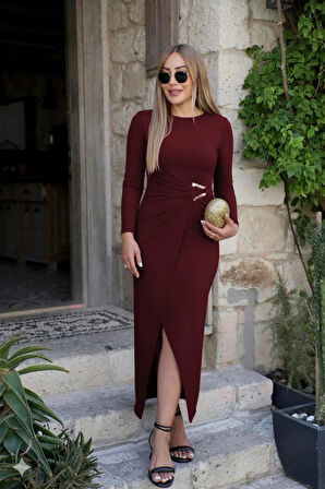 MDB Kadın Uzun Kollu önden çapraz Detaylı Yandan Toka Detaylı Uzun Sandy Elbise