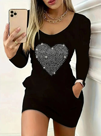 MDB Kadın Uzun Kollu Yuvarlak Yaka Taşlı Kalp Desenli Viskon Iki Iplik Elbise