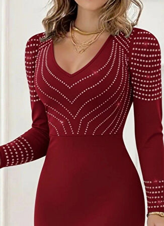 MDB Kadın Uzun Kollu V Yakalı Taşlı Mini Ithal Krep Elbise