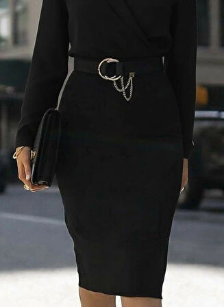 MDB Kadın Uzun Kollu Kruvaze Yaka Janjan Krep Midi Elbise