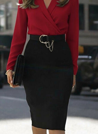 MDB Kadın Uzun Kollu Kruvaze Yaka Janjan Krep Midi Elbise