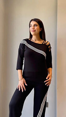 MDB Kadın Uzun Kollu Truvakar Kol Tek Omuz çapraz şerit Detaylı Ribanalı Viskon Iki Iplik Bluz Ve Pantolon Ikili Takım