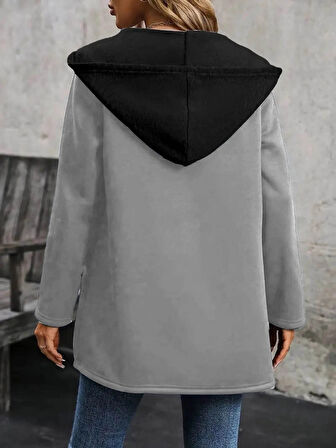 MDB Kadın Uzun Kollu Kapşonlu çift Renkli şardonlu Iki Iplik Ceket