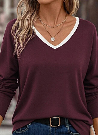 MDB Kadın Uzun Kollu V Yakalı Viskon Iki Iplik Bluz
