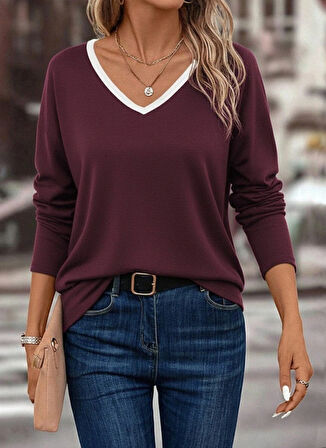 MDB Kadın Uzun Kollu V Yakalı Viskon Iki Iplik Bluz