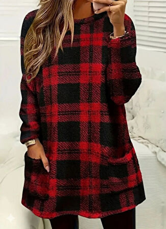 MDB Kadın Uzun Kollu Yarı Balıkçı Yakalı Cep Detaylı Ekoseli Dokuma Tunik