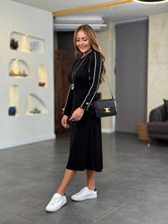 MDB Kadın Uzun Kollu Bisiklet Yaka Midi Modal Elbise