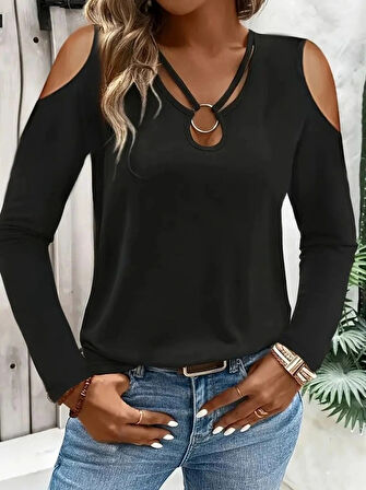 MDB Kadın Omuzlardan Açık Uzun Kollu Yakadan Halka şerit Detaylı Viskon Bluz