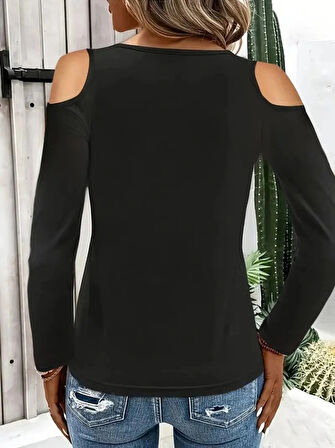 MDB Kadın Omuzlardan Açık Uzun Kollu Yakadan Halka şerit Detaylı Viskon Bluz