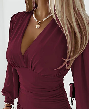 MDB Kadın Uzun Kollu Derin V Yakalı önden Büzgülü Sandy Bluz